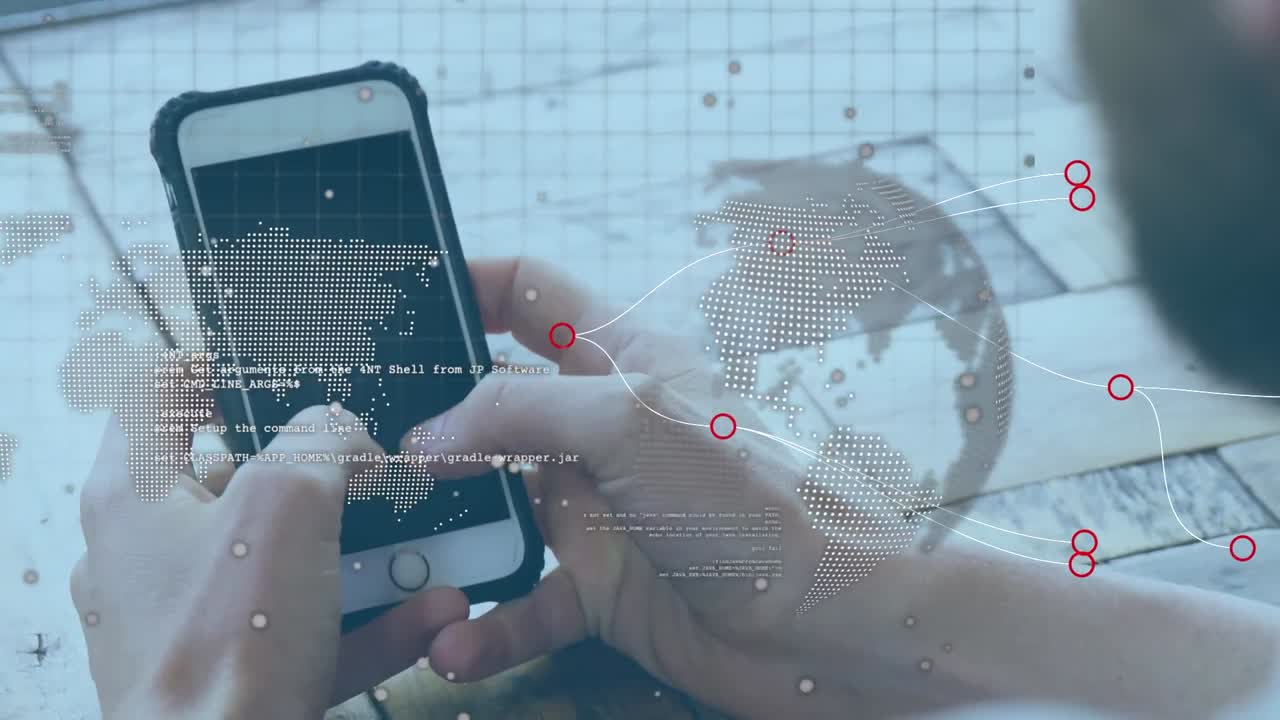 animación de un globo giratorio y procesamiento de datos sobre el hombre utilizando un teléfono inteligente