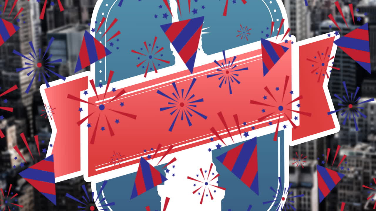 자유의 동상 위에서 축하 옥수수와 불꽃놀이의 애니메이션