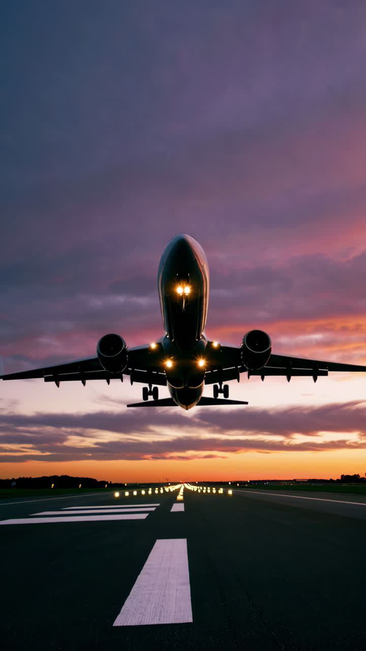 El avión despegue al atardecer