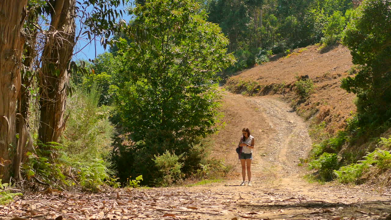 숲 한가운데의 트레일에서 gps를 확인하는 아름다운 소녀
