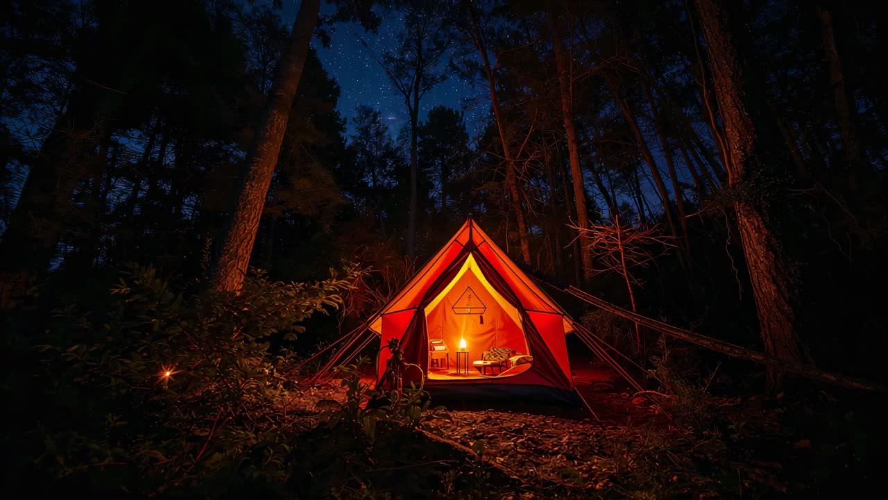 Lysende lanterne inde i orange telt oplyser interiøret på en lysning i naturskoven og afslører et bord