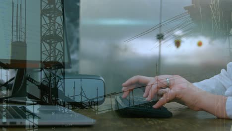 Animation-of-woman-typing-on-computer-keyboard-over-construction-site