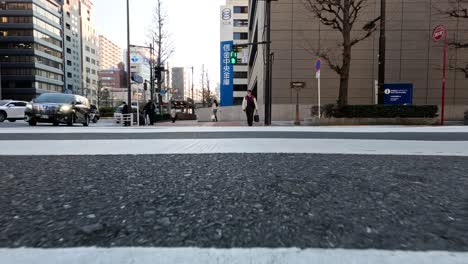 pedestrians and vehicles crossing an urban street