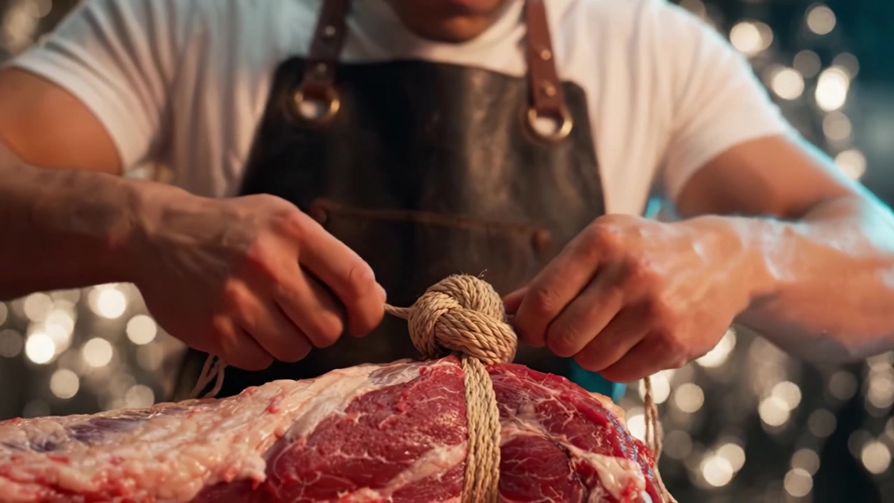 Um açougueiro habilidoso amarra cuidadosamente um corte fresco de carne usando barbante, demonstrando a arte da preparação da carne com precisão e atenção aos detalhes