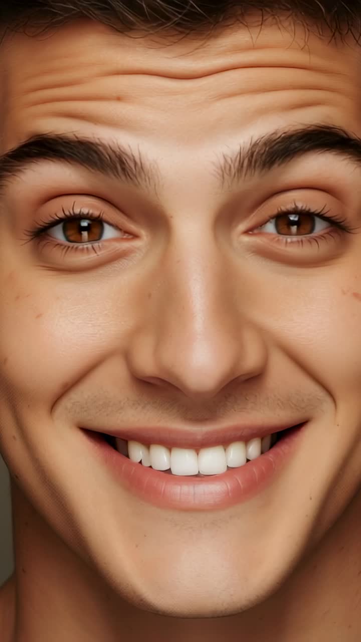 Vertical video: Lifting eyebrows adult male smiling and curving lips in studio, with taupe backdrop