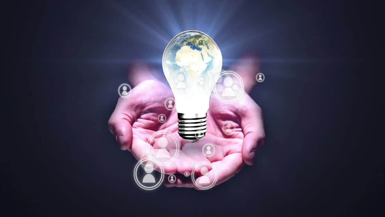 Hands holding glowing earth bulb in 3D render, network icons floating above, beams radiating upward