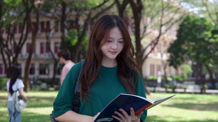 Giovane donna in maglietta verde studia su un quaderno all'aperto in un campus universitario soleggiato con illuminazione naturale