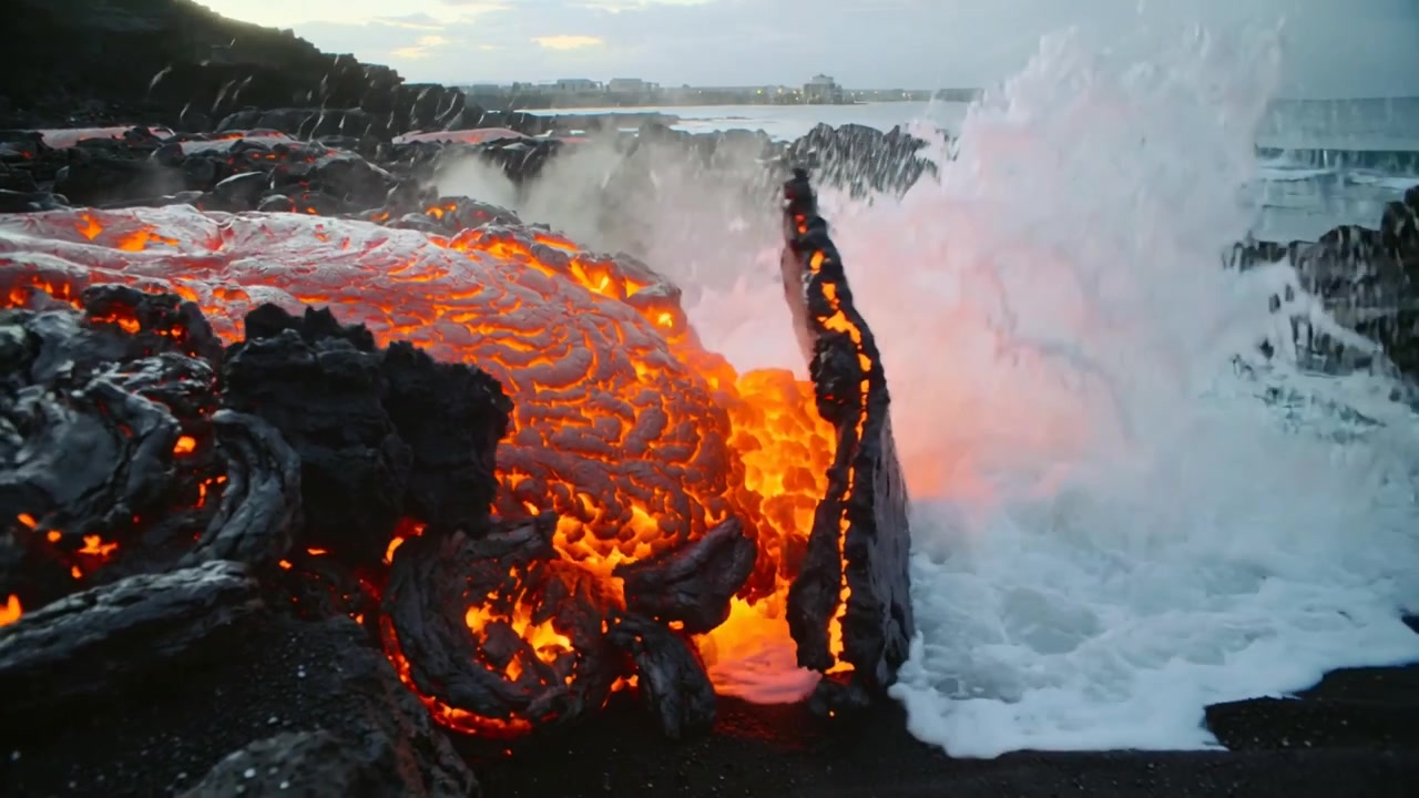 Advancing molten lava flowing from ridge into ocean, waves colliding, sending steam, forming crust