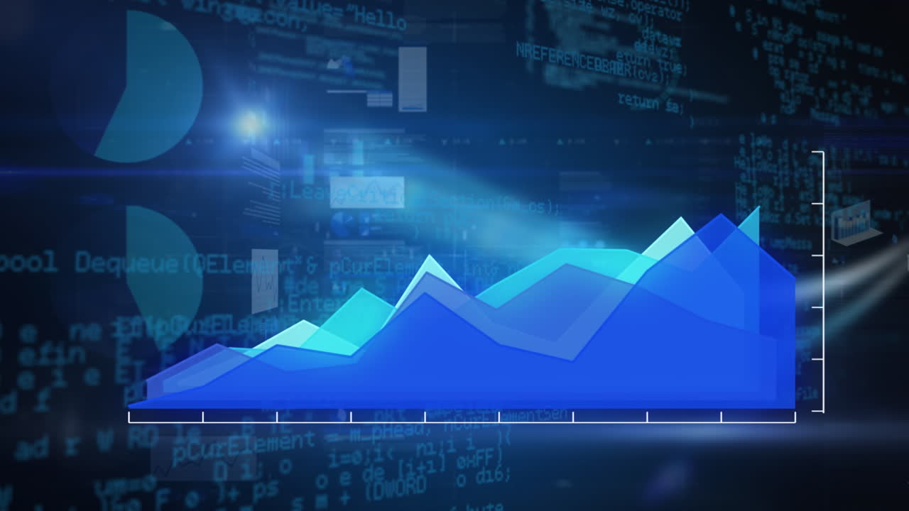 Animation of financial data processing over black background