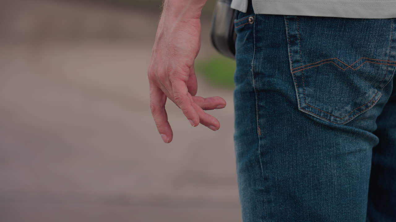 side view of man wearing pale shirt with shoulder bag making expressive hand gesture beside asphalt road border with green field and trees in background