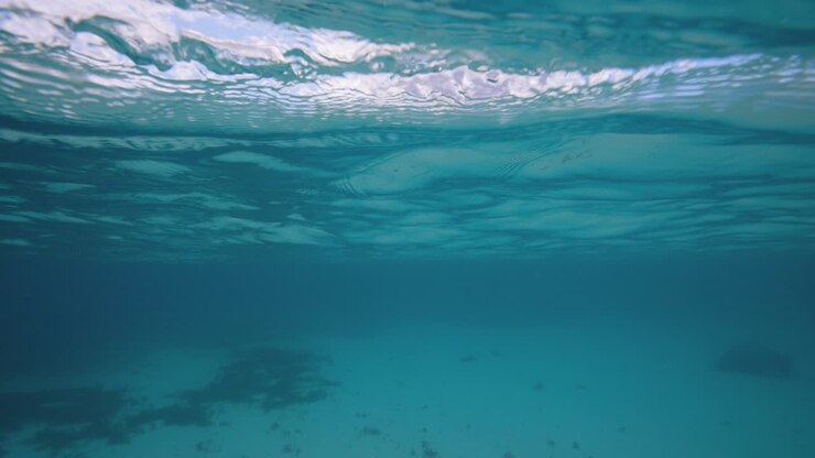Filmato sottomarino split-level che mostra sia l'acqua turchese sottostante, sia le nuvole spettacolari sovrastanti, catturando il contrasto tra mare e cielo in un'unica inquadratura