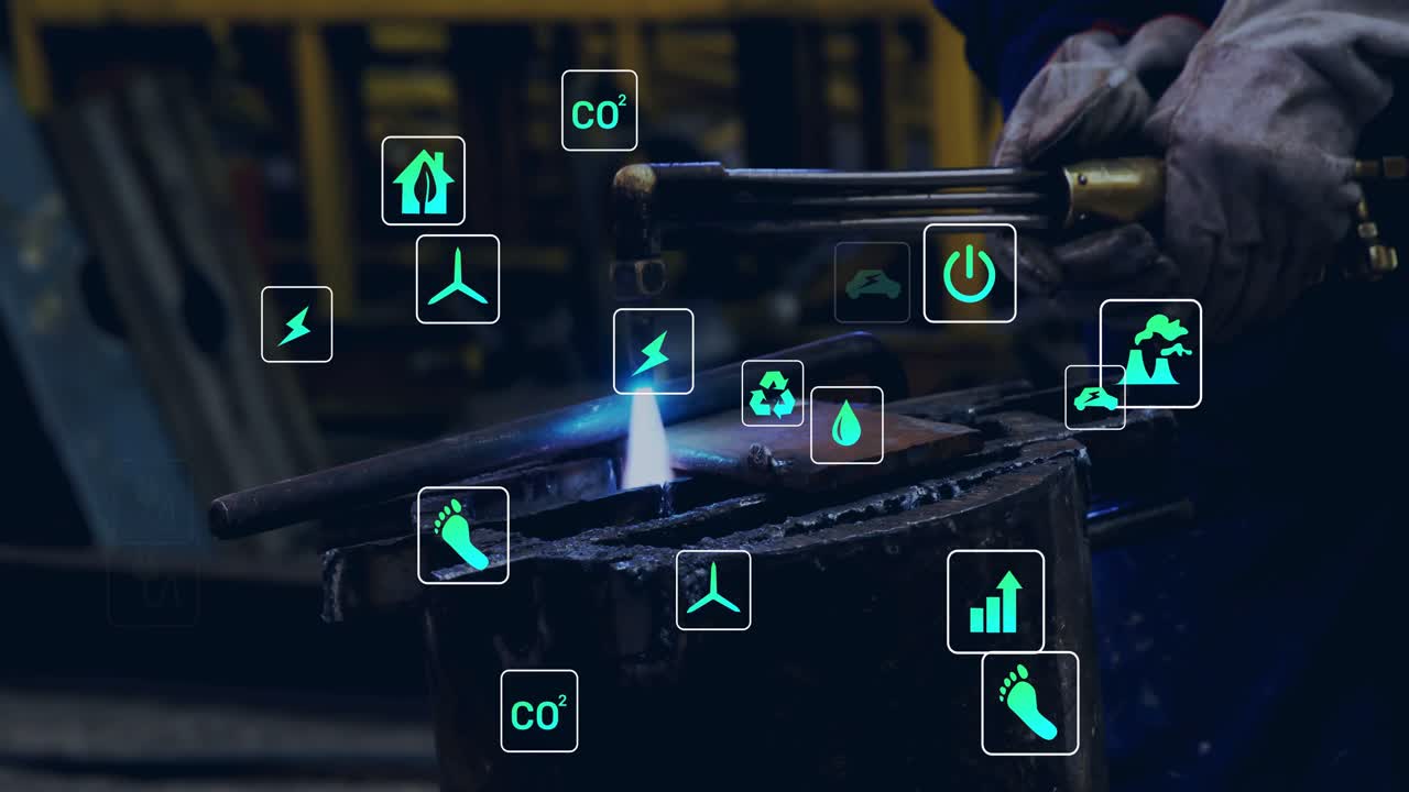 Metalworker igniting torch, heating plate for metalwork while energy icons clustering near flame