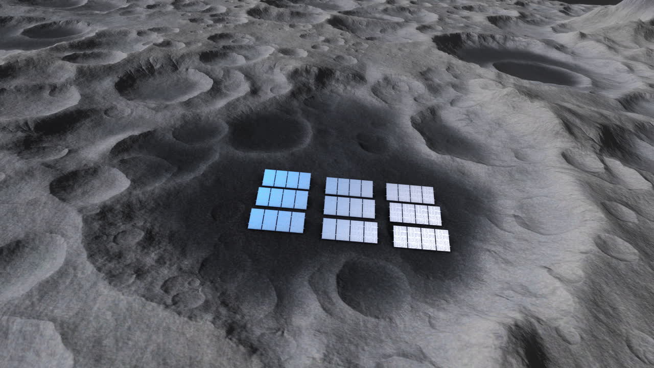 Slow pan down of Moon terrain with small solar farm generating electricity for future lunar colonies. Perfect for documentaries on future space colonization and use of renewable energy technology. 3D