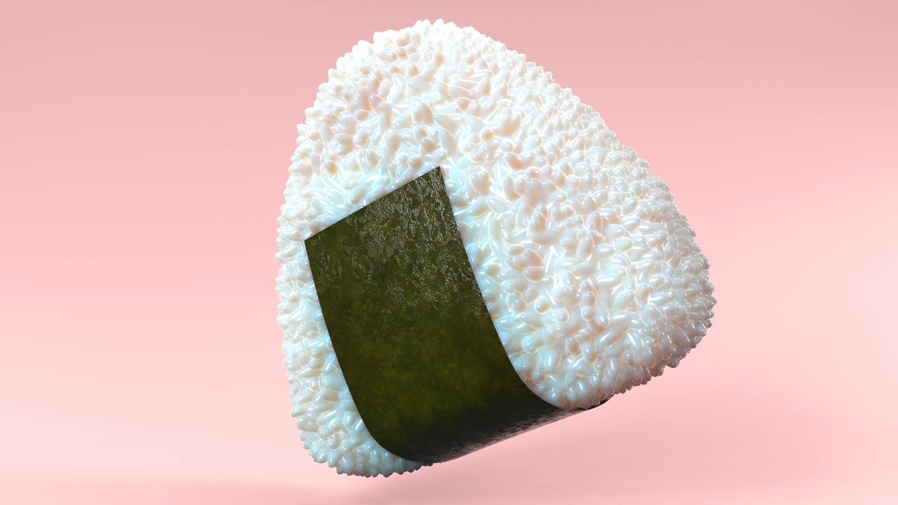 Onigiri rice ball wrapped in Nori seaweed on pink background. Loop able 3D animation.