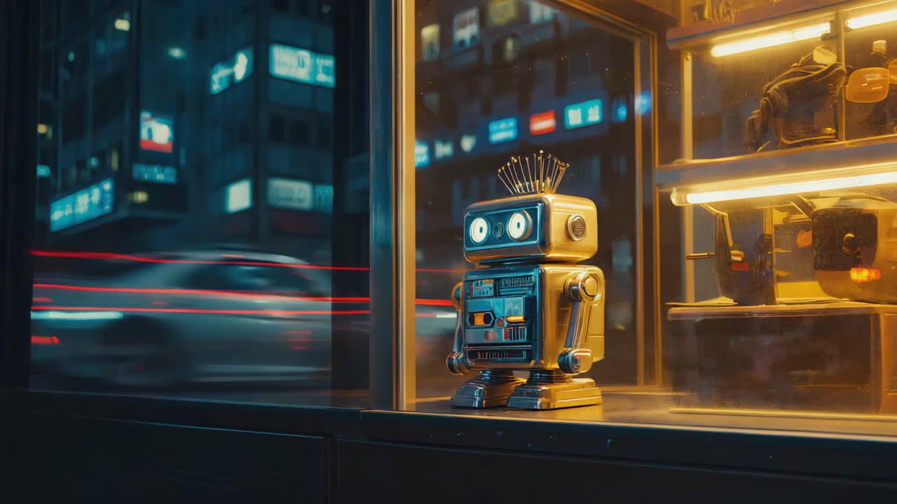 Retro Robot in City Storefront at Night