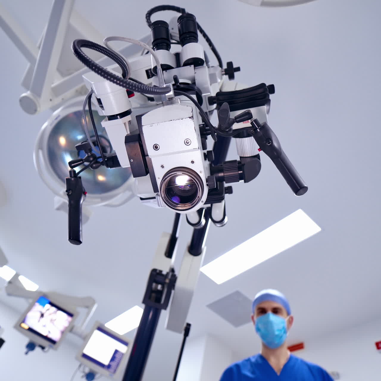 Surgeon operating with medical robotic surgery machine. Manual control by Minimally Invasive Surgical System. Modern automated medical device.
