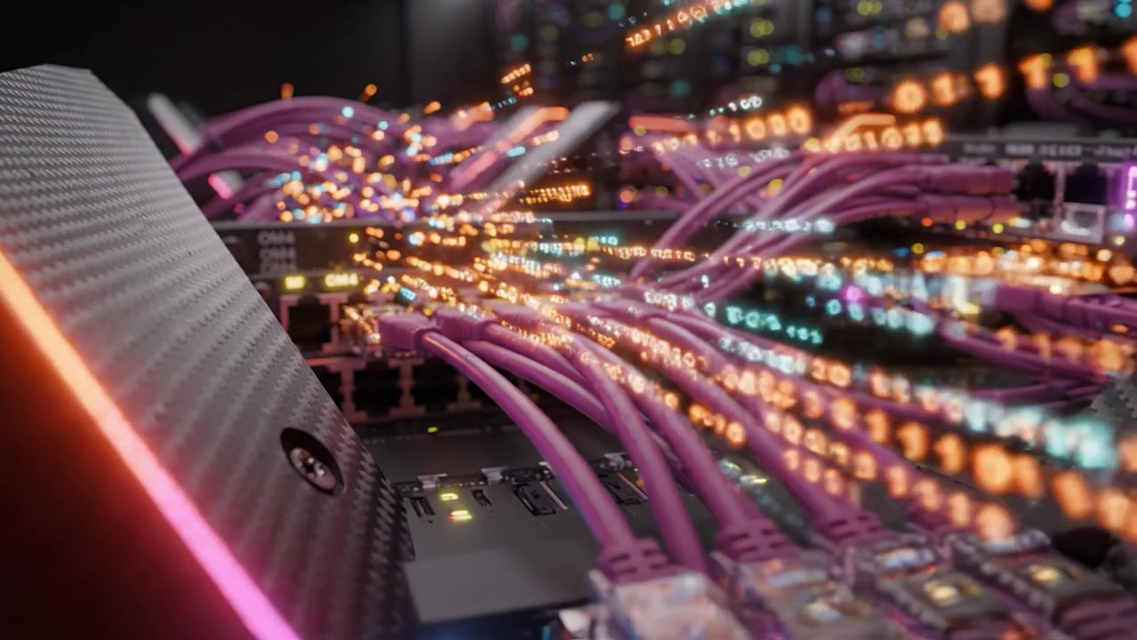Stunning Close-Up of a High-Tech Data Center with Colorful Fiber Optic Cables and Advanced Servers Illuminating Digital Connections and Data Flow