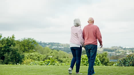 walk, holding hands and old couple in countryside