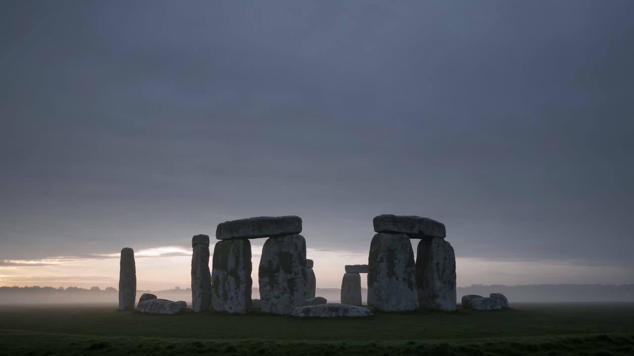 Stonehenge ao nascer do sol numa manhã enevoada