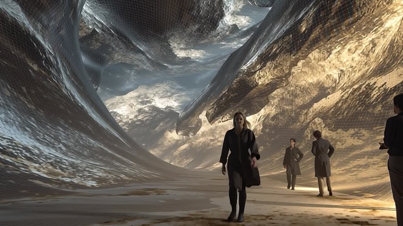 Visitors explore a stunning cave-like landscape with dramatic lighting