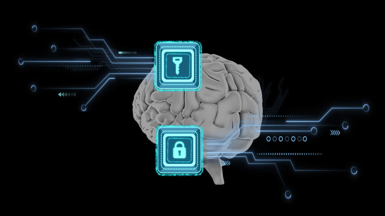 Brain with key and lock icons, cybersecurity concept animation