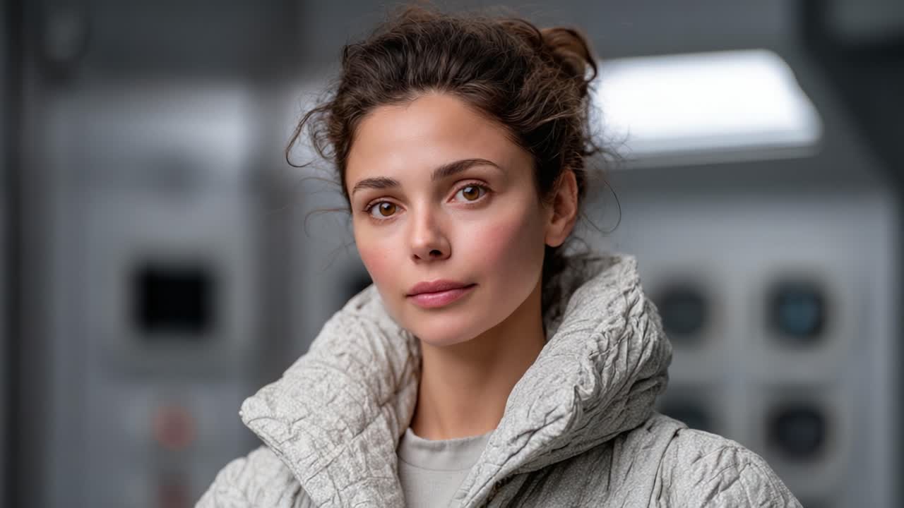 Captivating Portrait of a Woman in a Fashionably Quilted Winter Jacket, Set Against a Softly Lit Background Evoking a Modern, Innovative Atmosphere