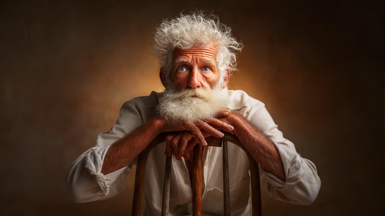 A Captivating Portrait of an Elderly Man with Striking White Hair and Beard, Displaying a Range of Emotions from Thoughtfulness to a Peaceful Calm, Set Against a Softly Lit Background