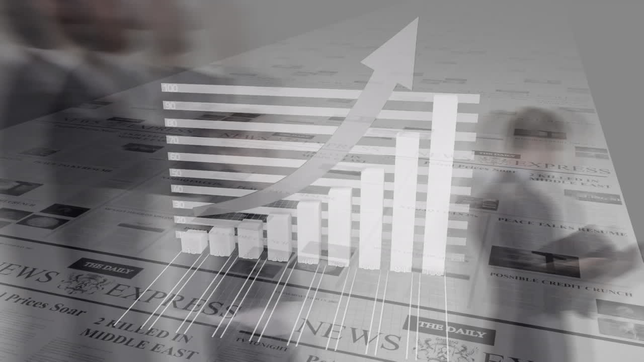 Animation of financial data processing with arrow over newspaper