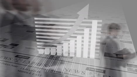 animación del procesamiento de datos financieros con flecha sobre el periódico.