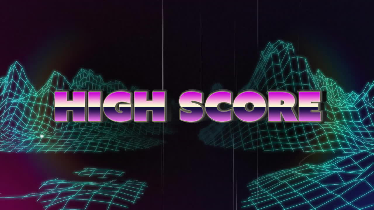 레트로 스타일의 네온 그리드 풍경 위에 애니메이션 된 높은 점수 텍스트