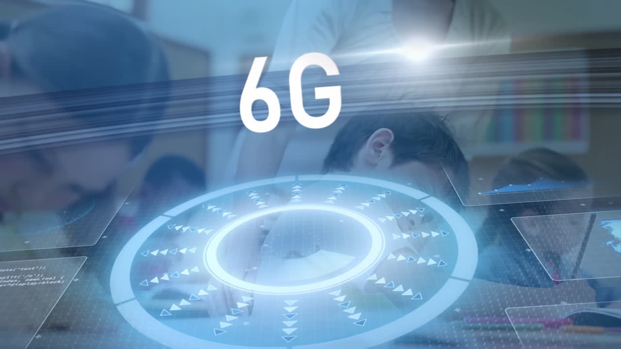 In school, animation of 6G technology over students studying in classroom