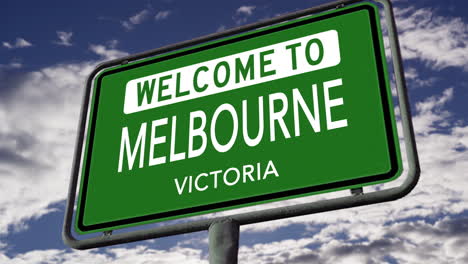 Willkommen-In-Melbourne,-Victoria,-Australien,-Stadtstraßenschild,-Realistische-3D-Animation