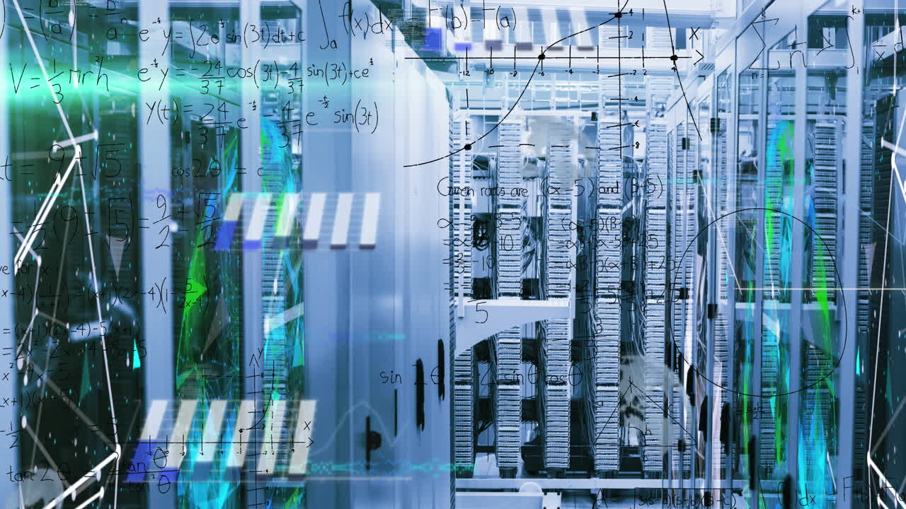 Animation of data processing, mathematical equations and plexus network against server room