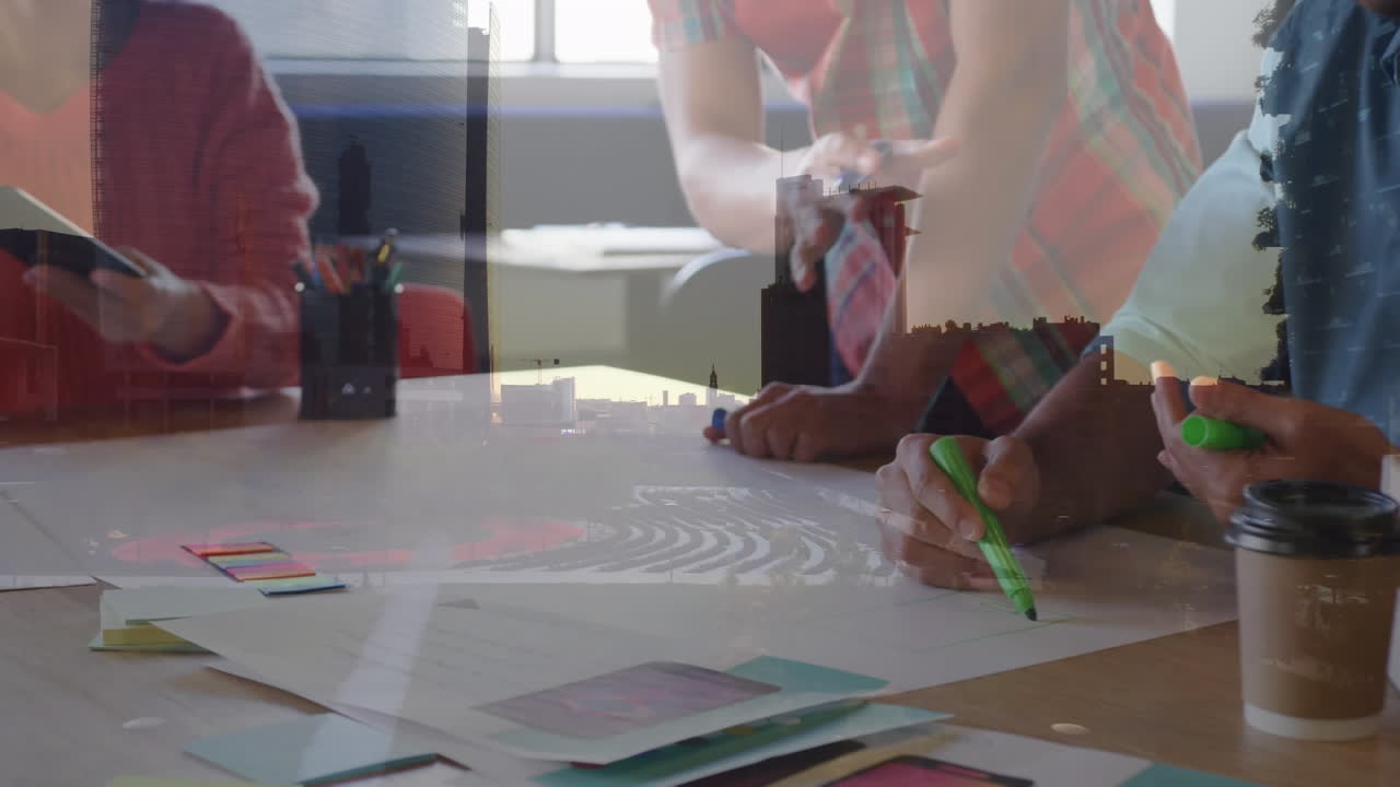 animación del paisaje urbano sobre diversas personas de negocios en la oficina