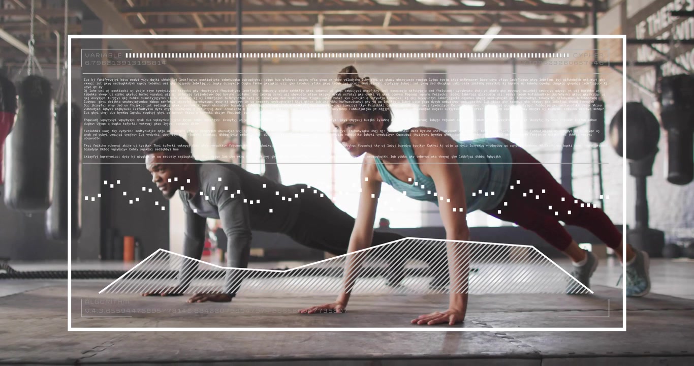 Fitness partners following count, syncing push-ups on warehouse floor, HUD for performance tracking
