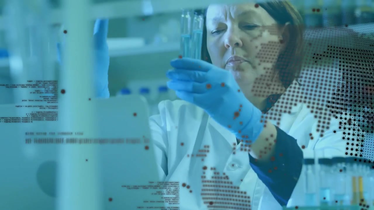 Lab tech grabbing vial, tilting and inspecting sample to confirm level under dotted map overlay