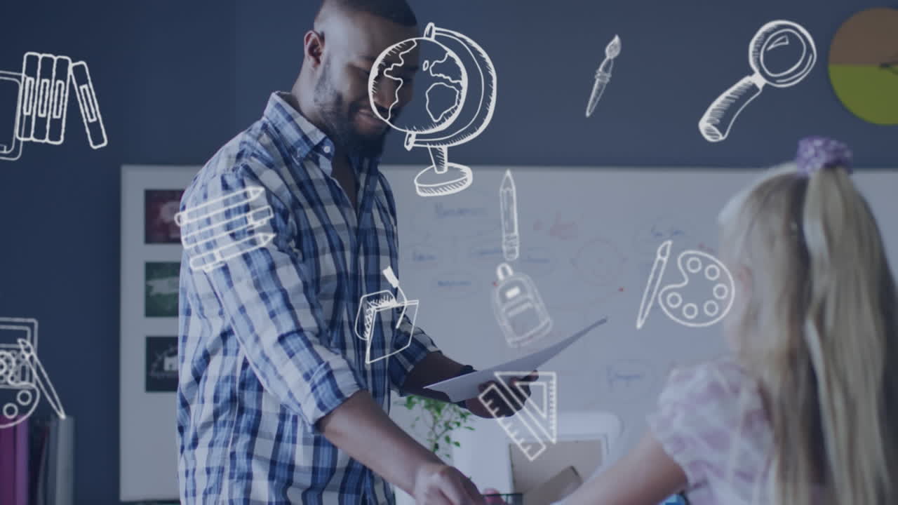 animación de los iconos de la escuela sobre feliz afroamericano maestro masculino y colegiala high fiving