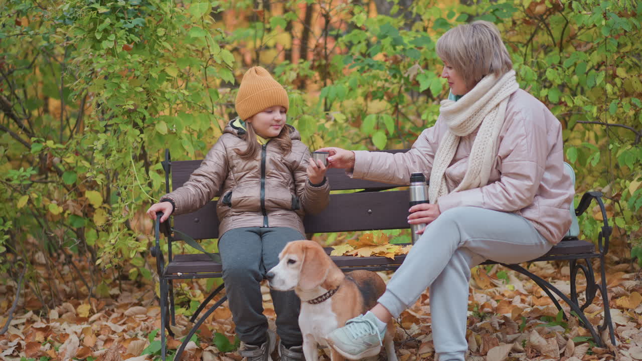 Woman seated on bench hands warm drink from thermos to daughter blowing gently to cool it, while beagle stands alert on fallen leaves looking away