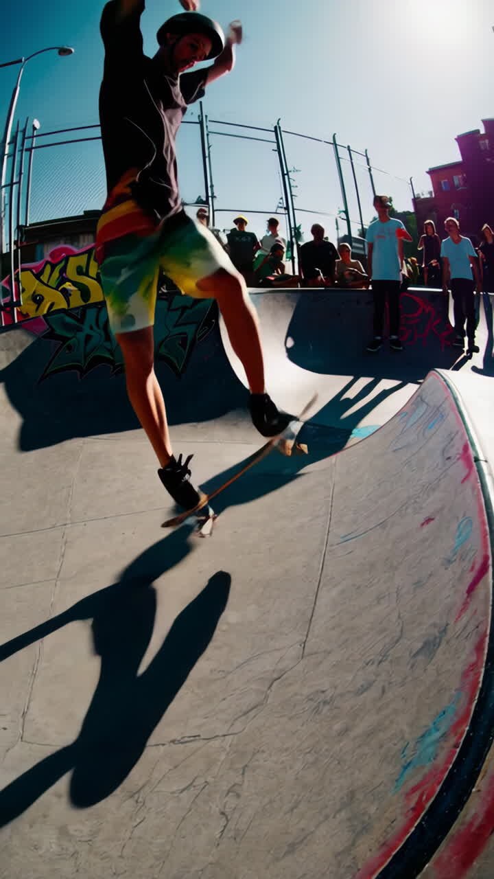 A Skateboarder Performs Tricks in a Sunny Skate Park