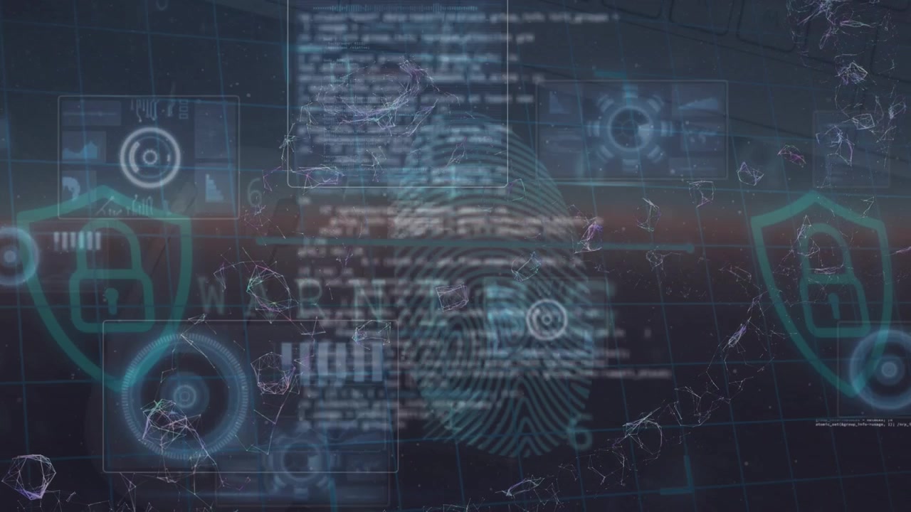 Animation of fingerprint, processing data, security warnings and padlock symbols on black background