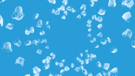 volando muchas máscaras blancas en fondo azul. concepto médico. máscaras de protección quirúrgicas. animación 3d de la máscara giratoria. animación de bucle.