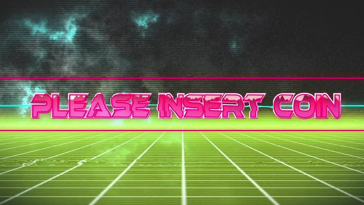 Animatie van tekstbanner 'gelieve munt in te werpen' over geel raster netwerk tegen zwarte achtergrond.