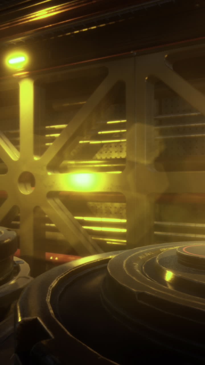 Golden hues shine on futuristic metallic structures in a sci fi scene