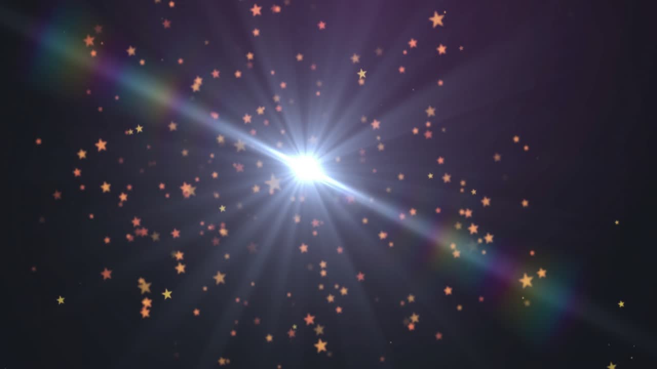 Licht verschijnt linksboven en veroorzaakt dat sterren wervelen terwijl een lichtflits diagonaal beweegt, de kosmos benadrukkend.