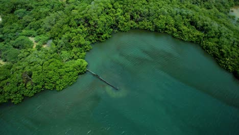 Amplia-Toma-Aérea-De-Una-Tubería-Oxidada-Con-Fugas-Que-Desemboca-En-Un-Lago-Rodeado-De-Manglares,-Vertiendo-Aguas-Residuales