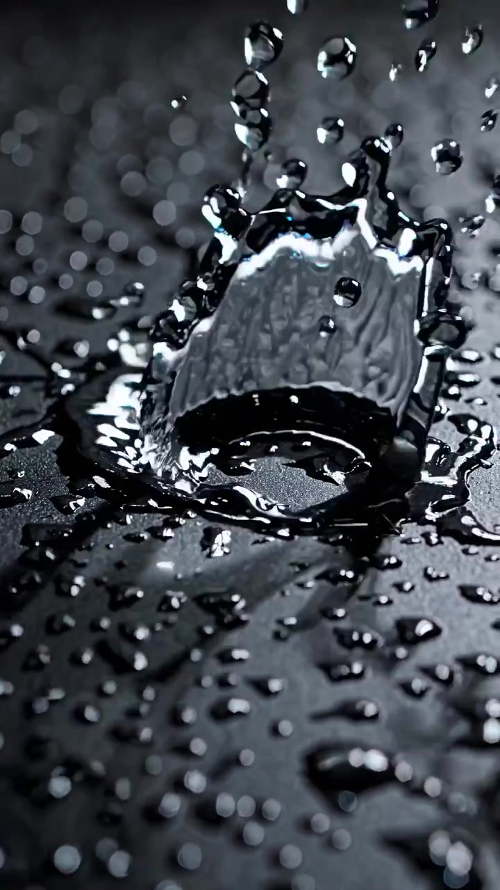 Slowmotion af vanddråber der sprøjter på en mørk reflekterende overflade