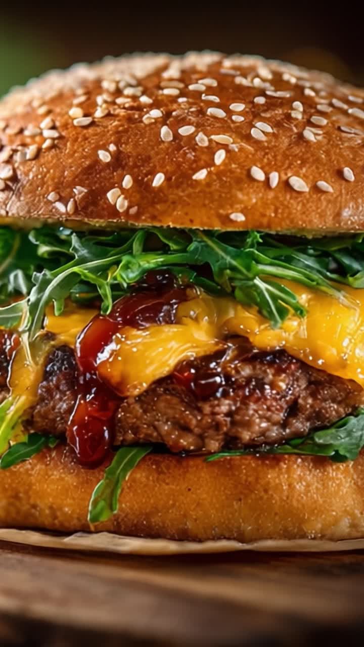 Lækkert udformet hamburger med velsmagende oksekødsbøf, smeltet ost, friske grøntsager og spændende krydderier på en perfekt ristet sesambolle