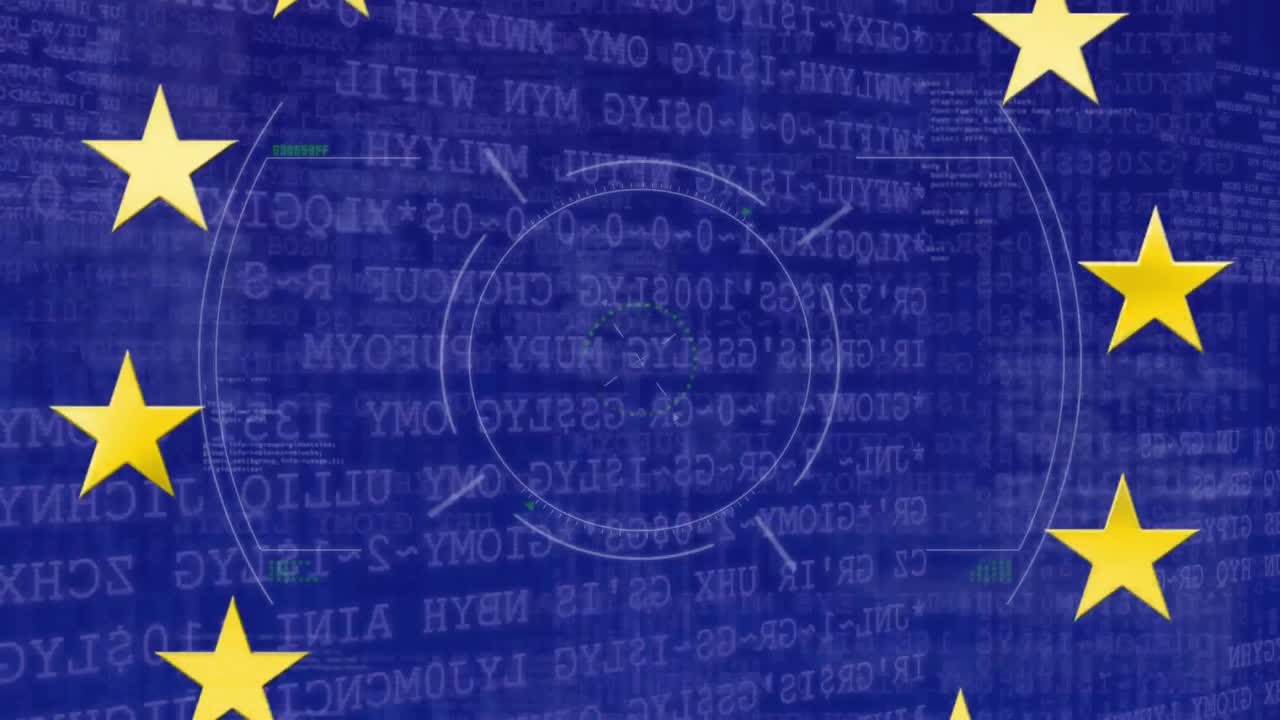 Animazione della bandiera dell'UE su elaborazione dati e scansione.