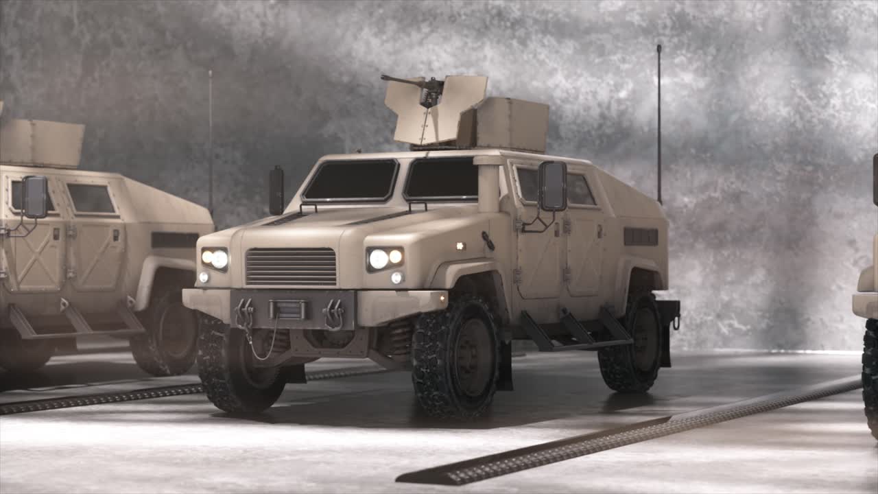 창고에 있는 군사 차량