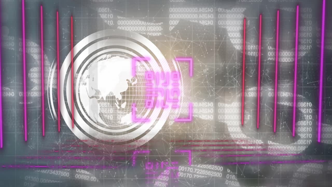 animación de código qr de neón con líneas sobre el procesamiento de datos y globo sobre fondo negro